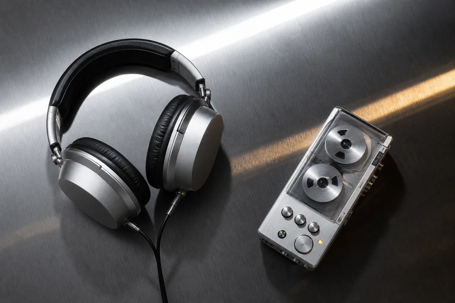 Silver headphones and an analog recorder on steel