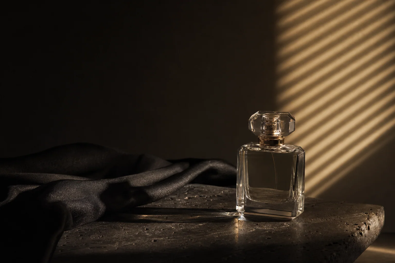 Clear fragrance bottle in warm directional light