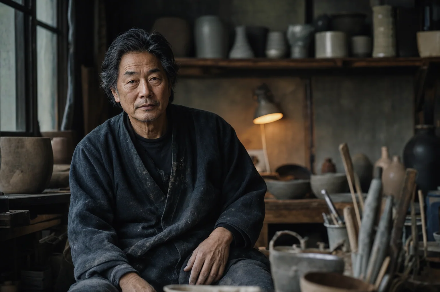 Ceramic artist photographed in his workshop