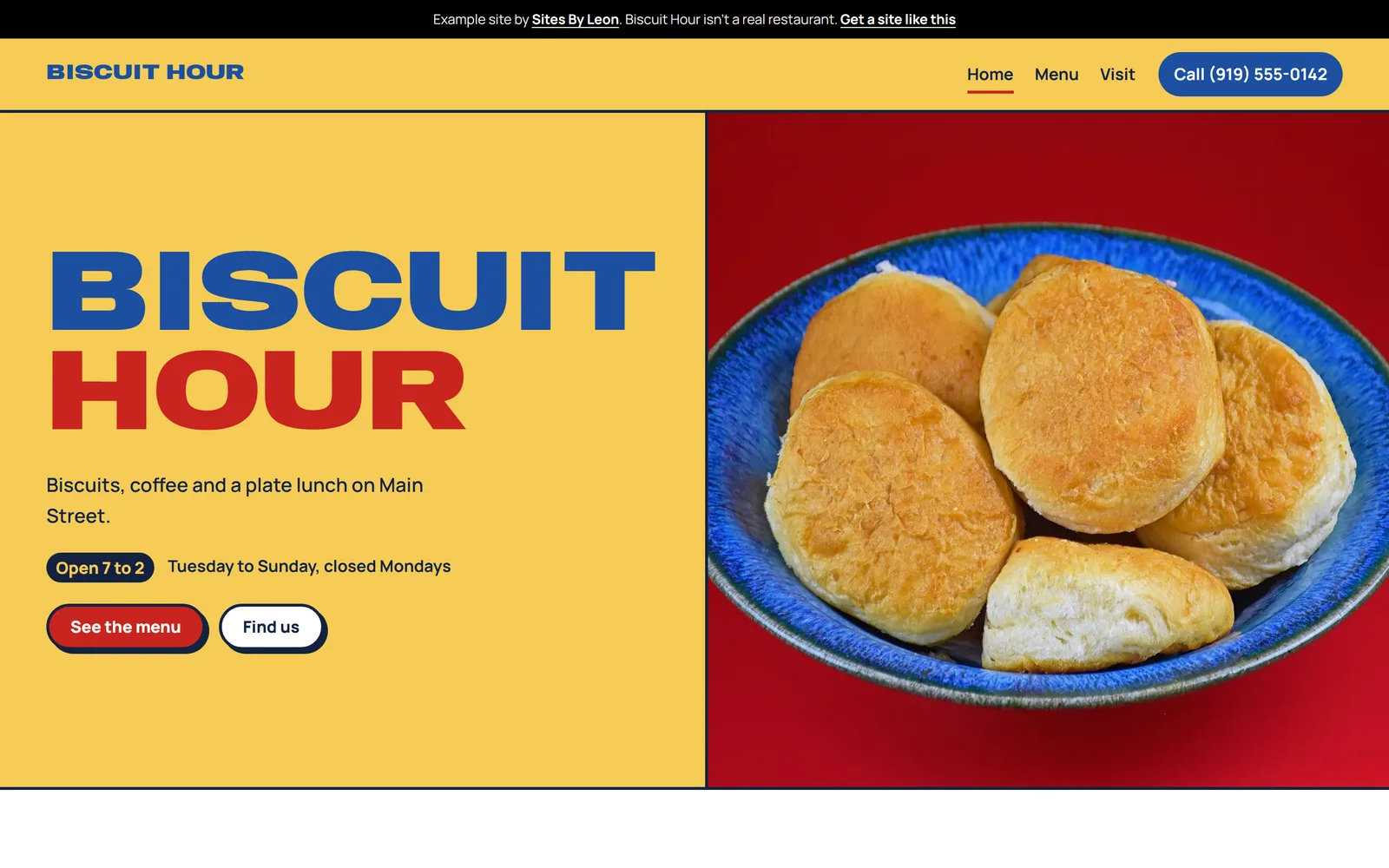 The Biscuit Hour example restaurant site on a laptop